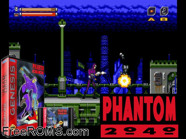 Phantom 2040 Genesis game showing 3D box cover and gameplay screenshot