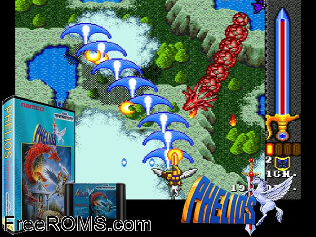Phelios Genesis game showing 3D box cover and gameplay screenshot