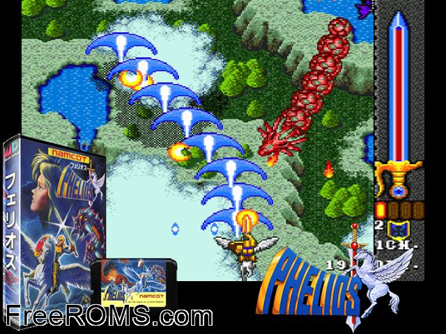 Phelios (Japan) Genesis game showing 3D box cover and gameplay screenshot