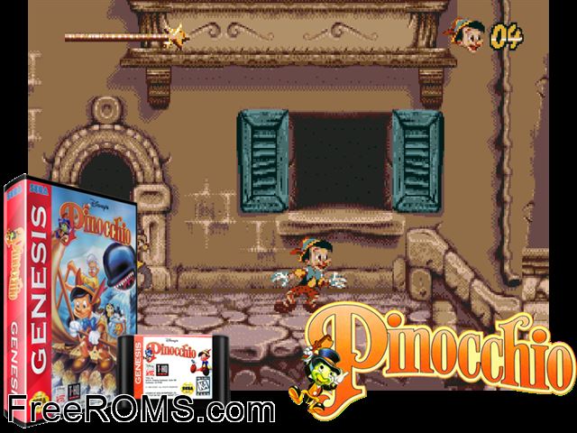 Pinocchio Genesis game showing 3D box cover and gameplay screenshot