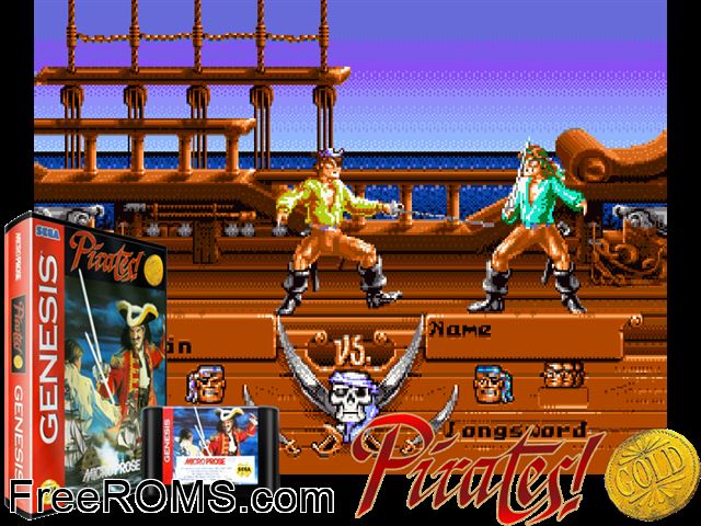 Pirates! Gold Genesis game showing 3D box cover and gameplay screenshot