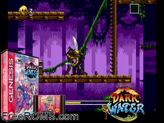 Pirates of Dark Water Genesis game showing 3D box cover and gameplay screenshot
