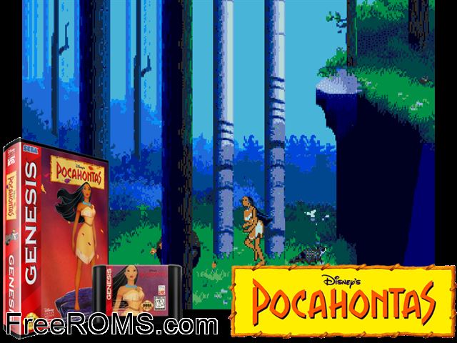 Pocahontas Genesis game showing 3D box cover and gameplay screenshot