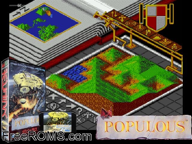 Populous Genesis game showing 3D box cover and gameplay screenshot