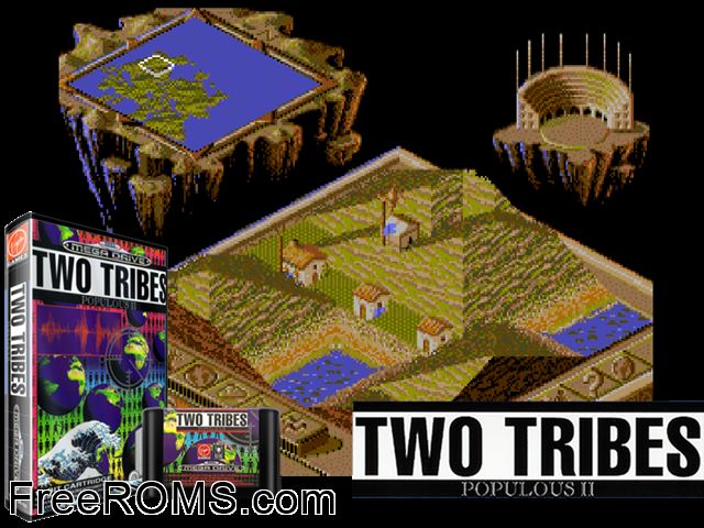Populous II - Two Tribes Genesis game showing 3D box cover and gameplay screenshot