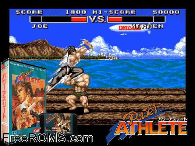 Power Athlete (Japan) Genesis game showing 3D box cover and gameplay screenshot