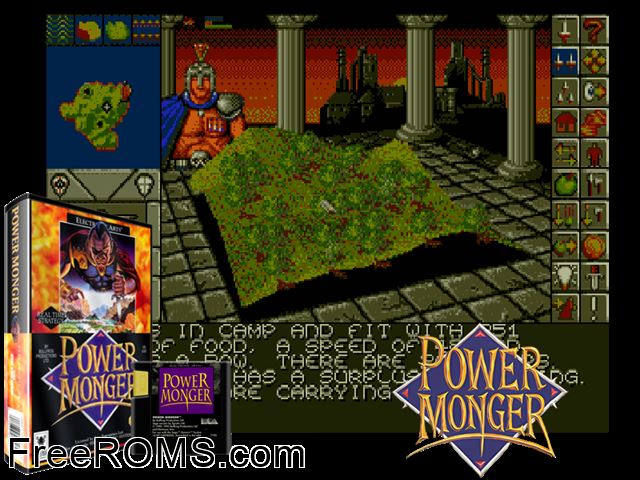 Power Monger Genesis game showing 3D box cover and gameplay screenshot