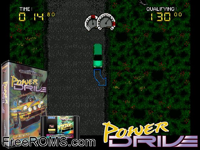 Power Drive Genesis game showing 3D box cover and gameplay screenshot