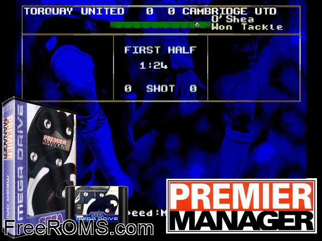 Premier Manager Genesis game showing 3D box cover and gameplay screenshot