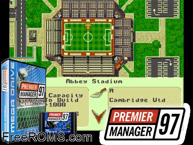 Premier Manager 97 Genesis game showing 3D box cover and gameplay screenshot