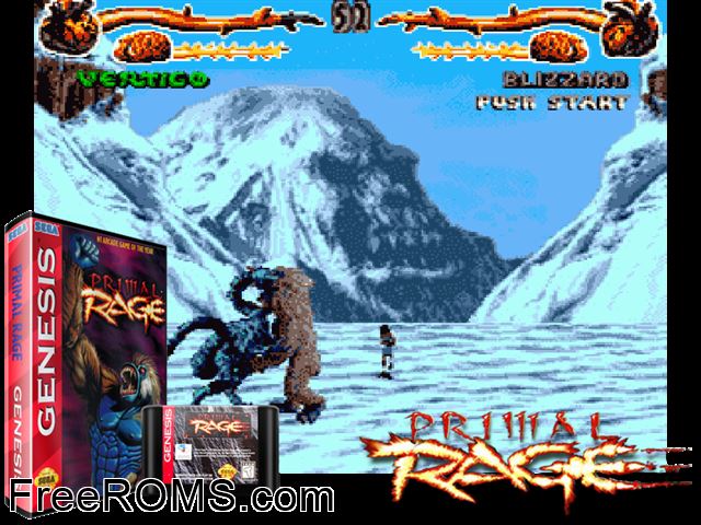 Primal Rage Genesis game showing 3D box cover and gameplay screenshot