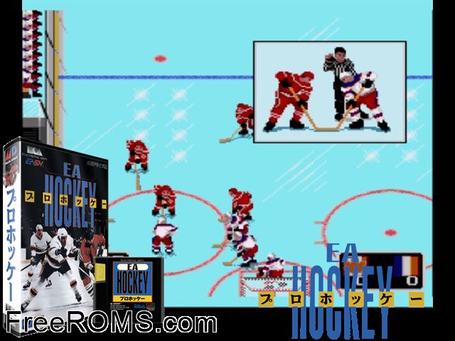 Pro Hockey (Japan) Genesis game showing 3D box cover and gameplay screenshot