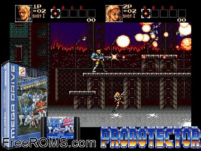 Probotector Genesis game showing 3D box cover and gameplay screenshot