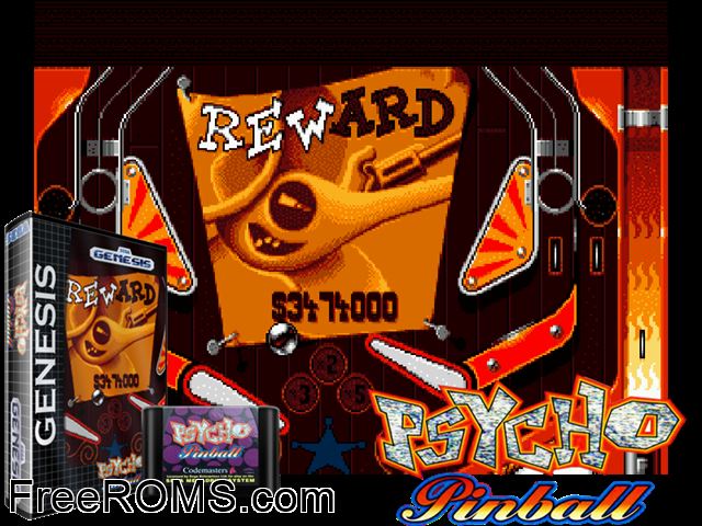 Psycho Pinball Genesis game showing 3D box cover and gameplay screenshot