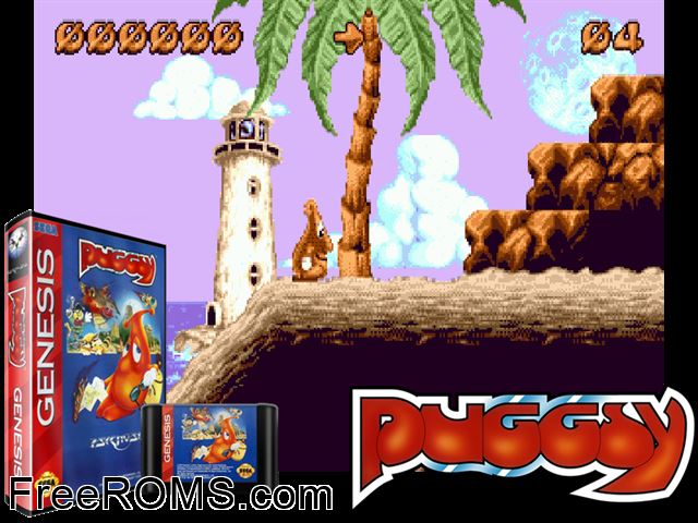 Puggsy Genesis game showing 3D box cover and gameplay screenshot