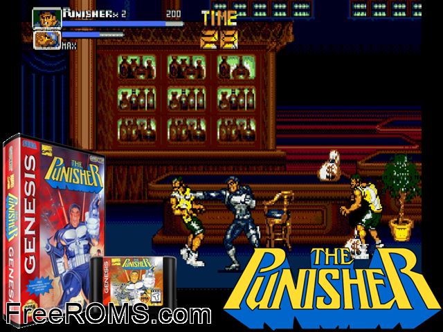 Punisher Genesis game showing 3D box cover and gameplay screenshot