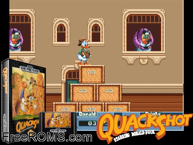Quack Shot Genesis game showing 3D box cover and gameplay screenshot