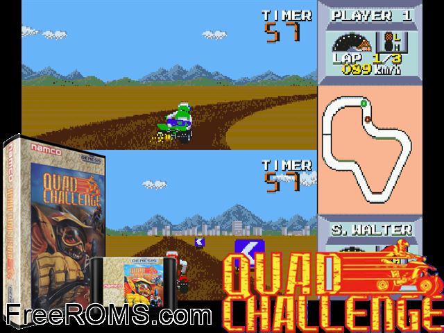 Quad Challenge Genesis game showing 3D box cover and gameplay screenshot