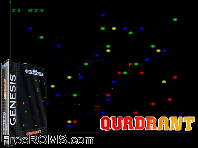 Quadrant V0.02 (Public Domain) Genesis game showing 3D box cover and gameplay screenshot