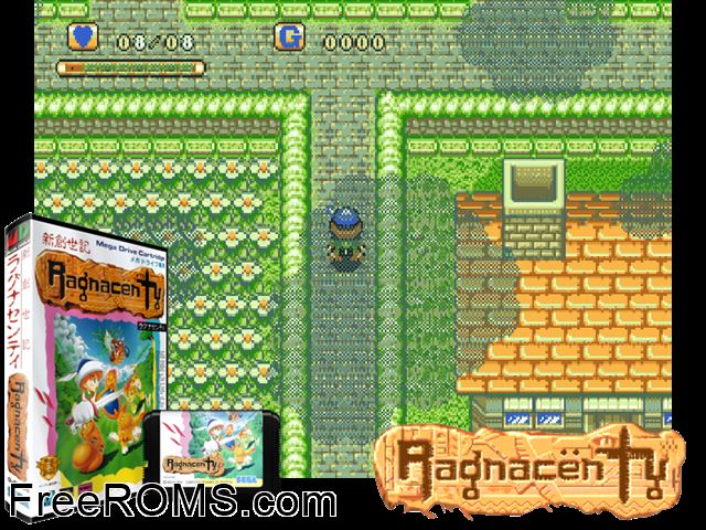 Ragnacenty Jap Genesis game showing 3D box cover and gameplay screenshot