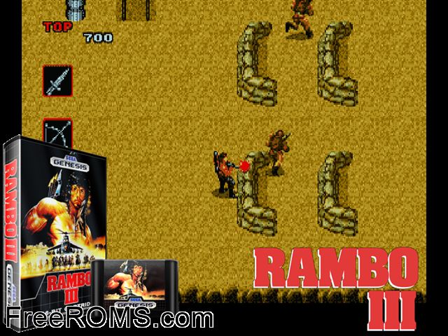 Rambo III Genesis game showing 3D box cover and gameplay screenshot
