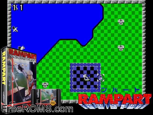 Rampart Genesis game showing 3D box cover and gameplay screenshot