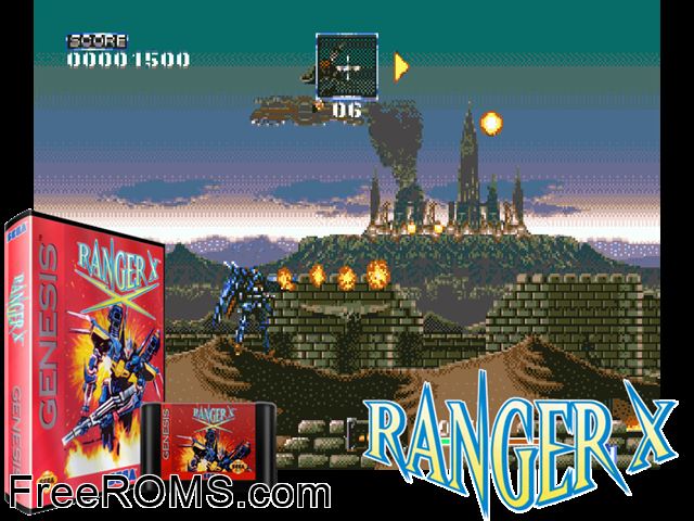 Ranger-X Genesis game showing 3D box cover and gameplay screenshot