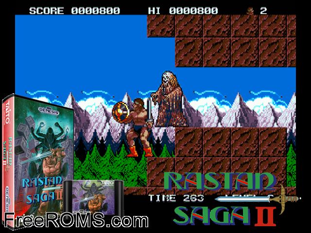 Rastan Saga 2 Genesis game showing 3D box cover and gameplay screenshot