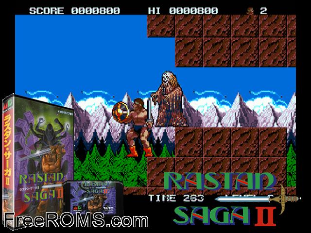 Rastan Saga II (Japan) Genesis game showing 3D box cover and gameplay screenshot