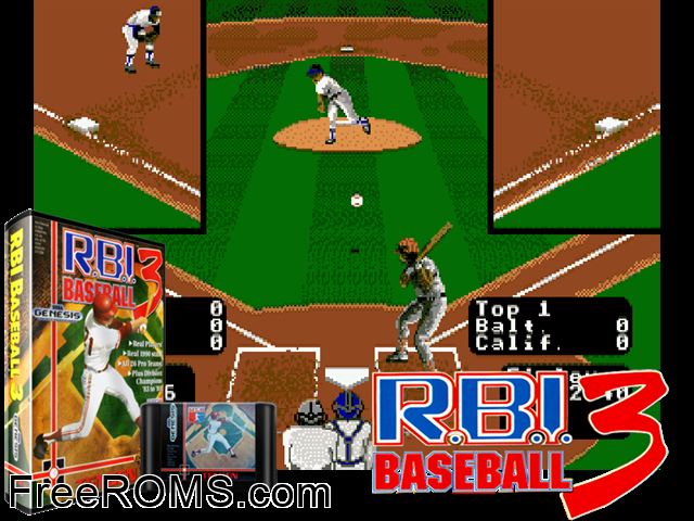 RBI Baseball 3 Genesis game showing 3D box cover and gameplay screenshot