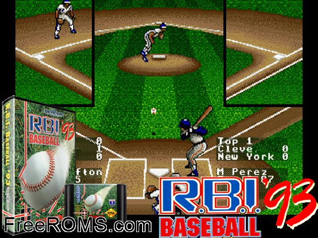 RBI Baseball '93 Genesis game showing 3D box cover and gameplay screenshot