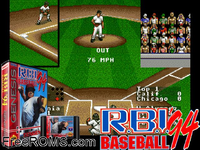 RBI Baseball '94 Genesis game showing 3D box cover and gameplay screenshot