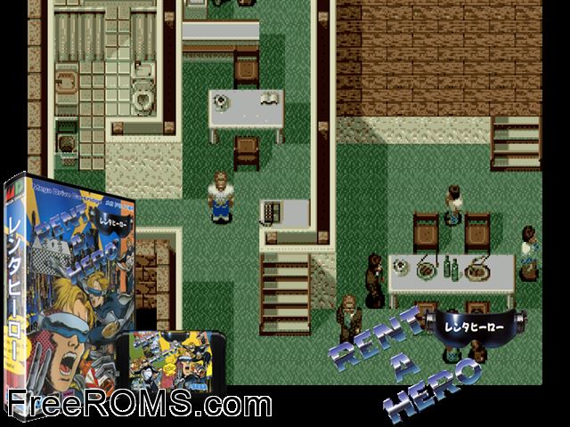 Rent a Hero Jap Genesis game showing 3D box cover and gameplay screenshot