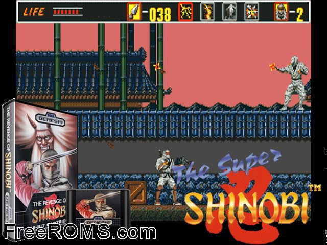 Revenge of Shinobi Genesis game showing 3D box cover and gameplay screenshot
