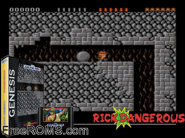 Rick Dangerous Demo by Pascal Bosquet (Public Domain) Genesis game showing 3D box cover and gameplay screenshot