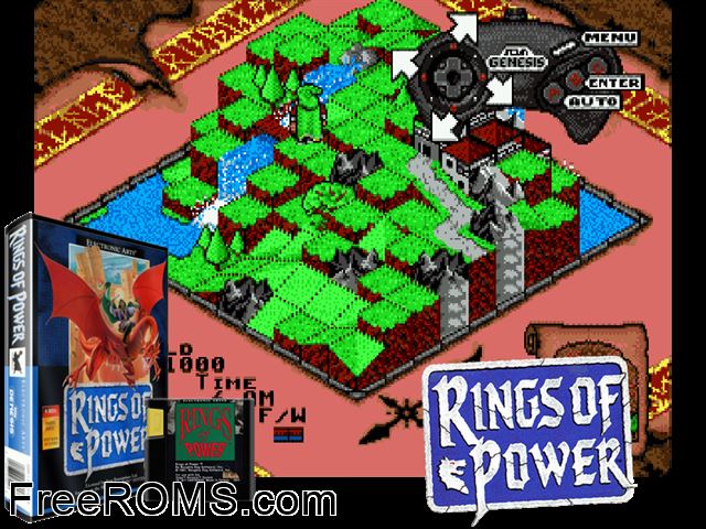 Rings of Power Genesis game showing 3D box cover and gameplay screenshot