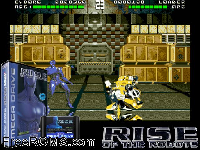 Rise of the Robots Genesis game showing 3D box cover and gameplay screenshot