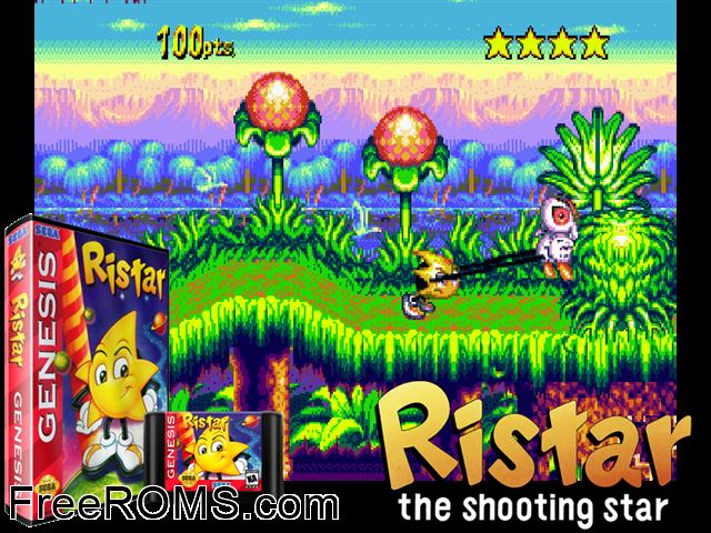 Ristar Genesis game showing 3D box cover and gameplay screenshot