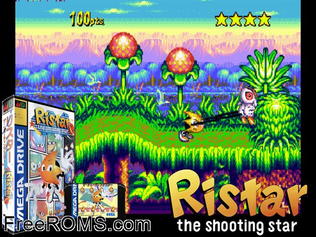 Ristar - The Shooting Star (Japan) Genesis game showing 3D box cover and gameplay screenshot