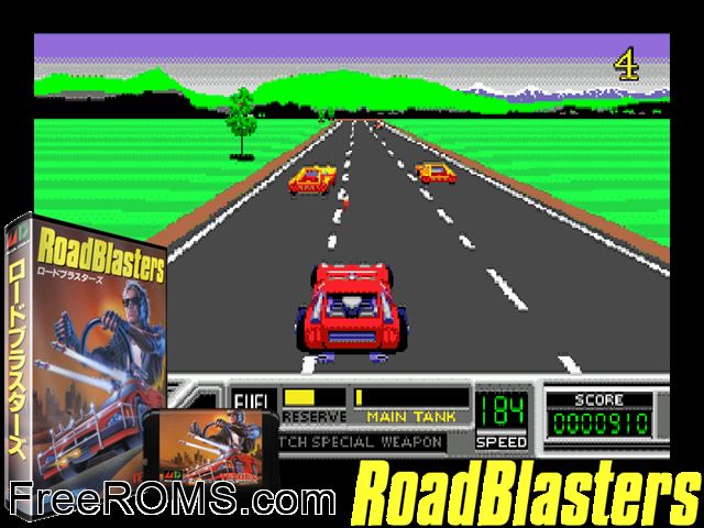 Road Blasters (Japan) Genesis game showing 3D box cover and gameplay screenshot