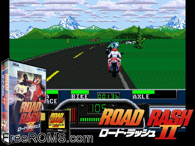 Road Rash II (Japan) Genesis game showing 3D box cover and gameplay screenshot