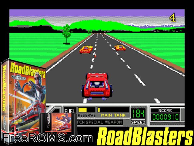 Road Blasters Genesis game showing 3D box cover and gameplay screenshot