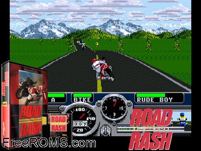 Road Rash Genesis game showing 3D box cover and gameplay screenshot