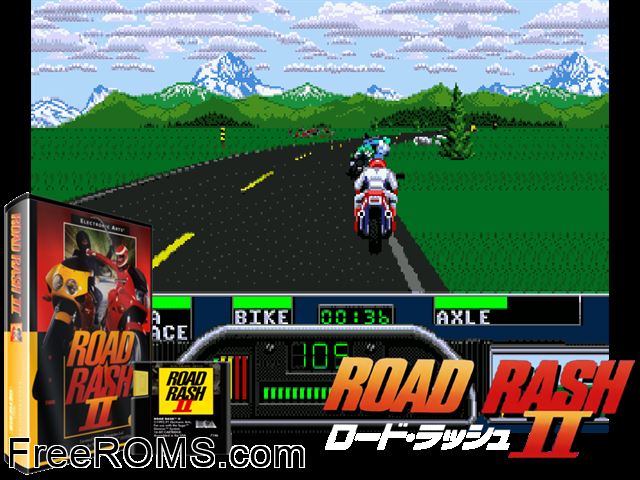 Road Rash 2 Genesis game showing 3D box cover and gameplay screenshot