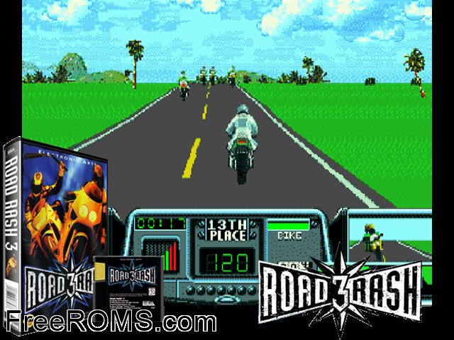 Road Rash 3 Genesis game showing 3D box cover and gameplay screenshot