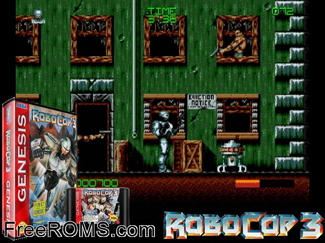 Robocop 3 Genesis game showing 3D box cover and gameplay screenshot