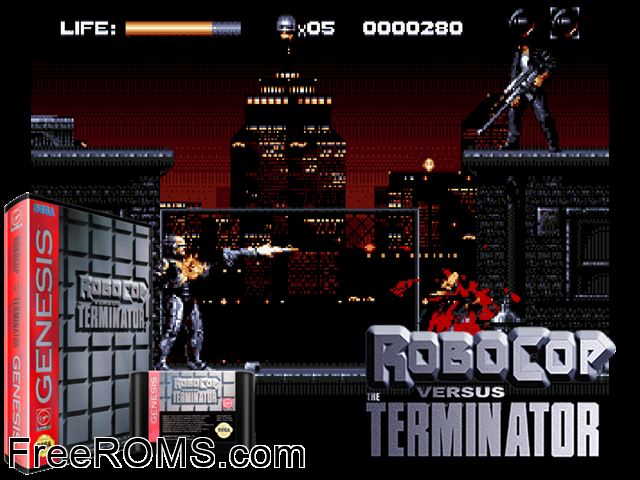 Robocop vs The Terminator Genesis game showing 3D box cover and gameplay screenshot