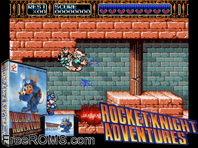 Rocket Knight Adventures (Japan) Genesis game showing 3D box cover and gameplay screenshot