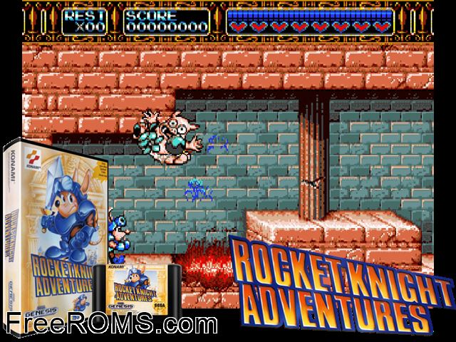 Rocket Knight Adventures Genesis game showing 3D box cover and gameplay screenshot