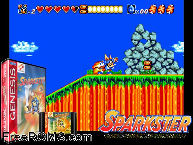 Sparkster Genesis game showing 3D box cover and gameplay screenshot